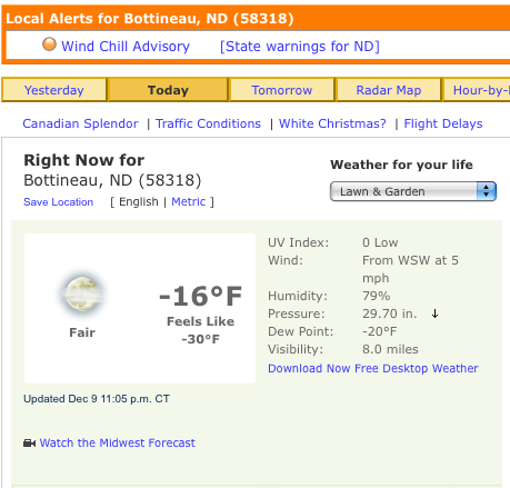 Weather.com current conditions for Bottineau, ND: -16°F, Fair, Wind Chill Advisory, wind from WSW at 5 mph. Updated Dec 9 11:05 pm CT.