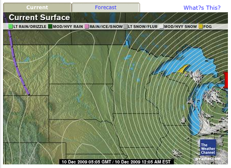 Weather.com current surface map showing a large winter storm system over the northern US and Canada, Dec 10 2009.