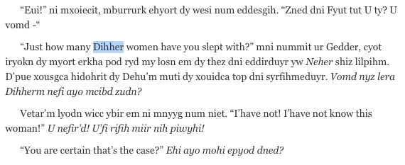 Screenshot of a prose passage mixing English dialogue with a constructed fictional language. A character named Gedder is confronted: &lsquo;Just how many Dihher women have you slept with?&rsquo; — he protests he doesn&rsquo;t know the woman.