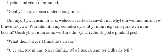 Continuation of the same passage. Characters react to something offscreen: &lsquo;Gently! They&rsquo;ve been under a long time.&rsquo; Then: &lsquo;What the&mldr;? Hey! I think he&rsquo;s awake.&rsquo;